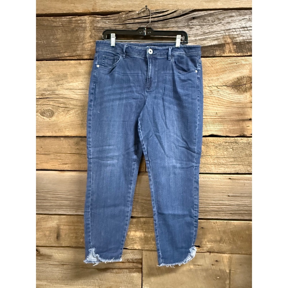 J.Jill Authentic Fit Slim Ankle Jeans Blue Raw Hem Size 14